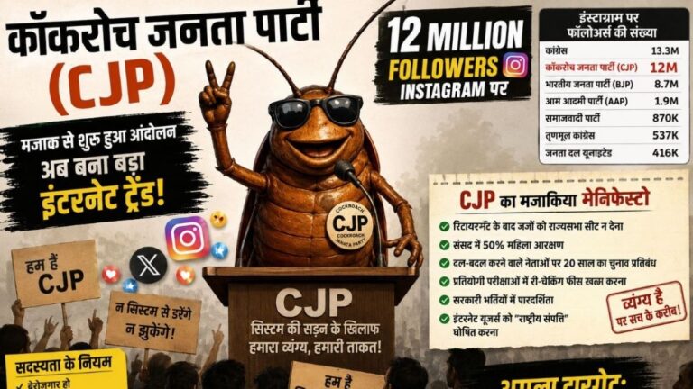 Cockroach जनता पार्टी (CJP) सोशल मीडिया पर वायरल हुई इंटरनेट की सबसे बड़ी व्यंग्यात्मक राजनीतिक क्रांति 5 Cockroach जनता पार्टी (CJP) सोशल मीडिया पर वायरल हुई इंटरनेट की सबसे बड़ी व्यंग्यात्मक राजनीतिक क्रांति
