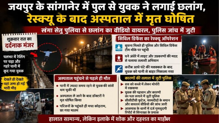 Jaipur के सांगानेर में पुल से युवक ने लगाई छलांग रेस्क्यू के बाद अस्पताल में मृत घोषित पुलिस जांच में जुटी 1 Jaipur के सांगानेर में पुल से युवक ने लगाई छलांग रेस्क्यू के बाद अस्पताल में मृत घोषित पुलिस जांच में जुटी