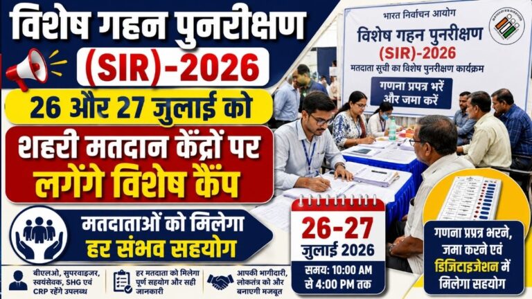 विशेष गहन पुनरीक्षण (SIR)-2026 26 और 27 जुलाई को शहरी मतदान केंद्रों पर लगेंगे विशेष कैंप मतदाताओं को मिलेगा हर संभव सहयोग 2 विशेष गहन पुनरीक्षण (SIR)-2026 26 और 27 जुलाई को शहरी मतदान केंद्रों पर लगेंगे विशेष कैंप मतदाताओं को मिलेगा हर संभव सहयोग