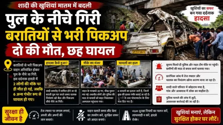 पुल के नीचे गिरी बरातियों से भरी Pickup: रोहन गोप (12) व दशरथ सरदार (25) की मौत, 6 घायल