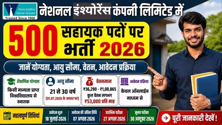 National Insurance Company Limited में 500 सहायक पदों पर भर्ती 2026 जानें योग्यता, आयु सीमा, वेतन, आवेदन प्रक्रिया और परीक्षा तिथि 1 National Insurance Company Limited में 500 सहायक पदों पर भर्ती 2026 जानें योग्यता, आयु सीमा, वेतन, आवेदन प्रक्रिया और परीक्षा तिथि